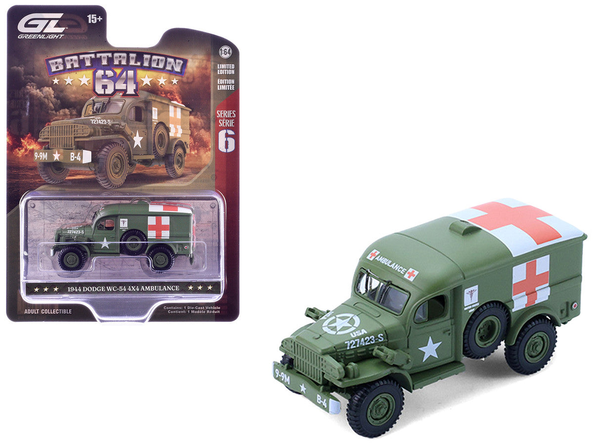 1944 Dodge WC-54 4X4 Ambulance "U.S. Army - WWII" Green with Graphics "Battalion 64" Series 6 1/64 Diecast Model Car by Greenlight-4