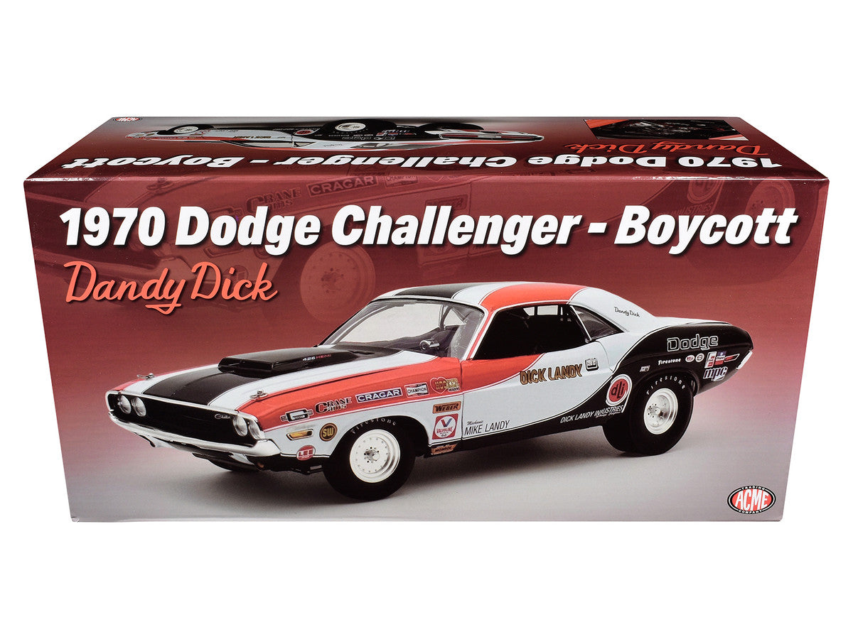 1970 Dodge Challenger "Boycott - 'Dandy' Dick Landy" White with Black and Red Stripes and Graphics Limited Edition to 500 pieces Worldwide 1/18 Diecast Model Car by ACME-1