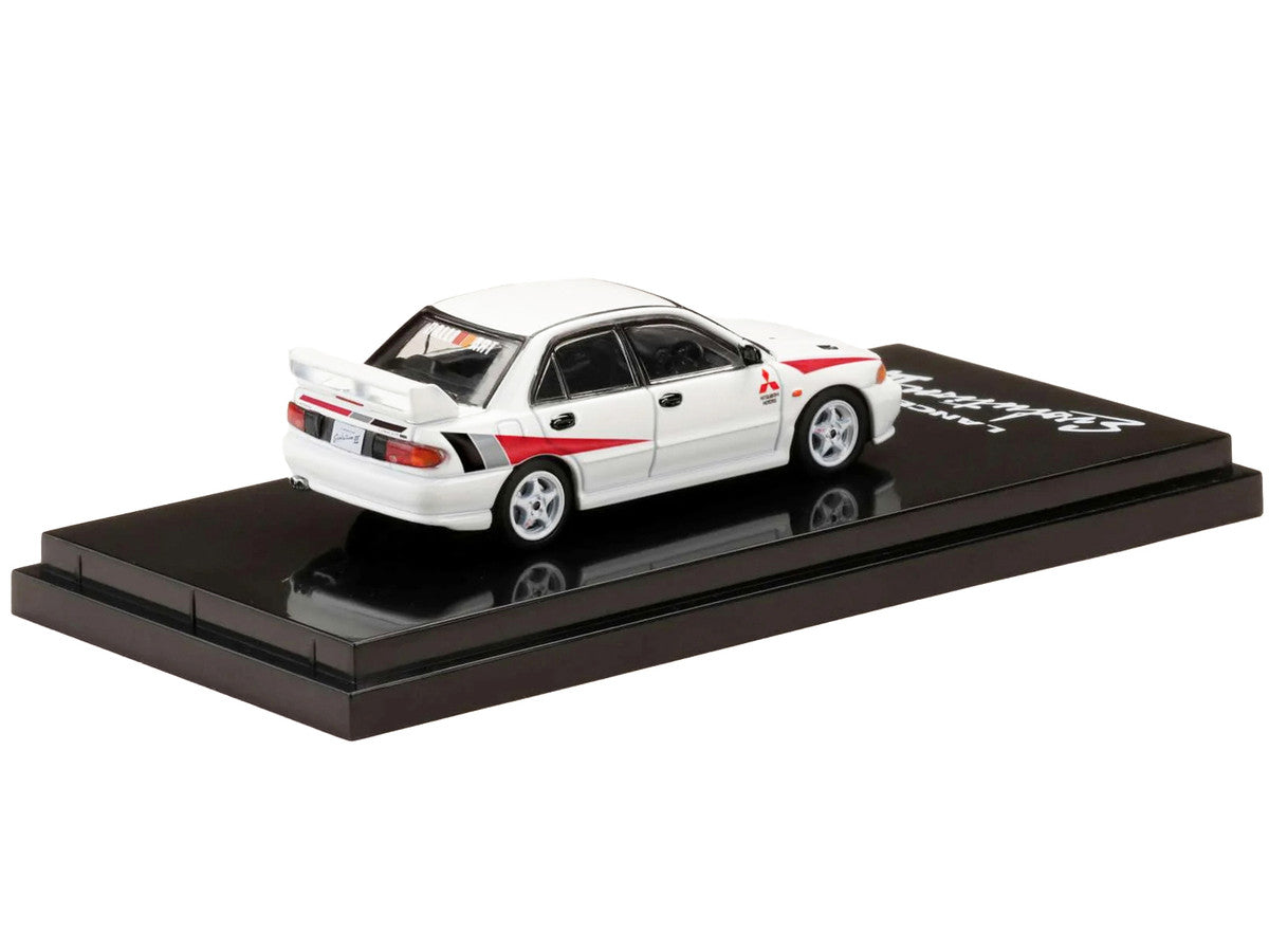 Mitsubishi Lancer RS Evolution III RHD (Right Hand Drive) Scortia White with Red Rally Stripes 1/64 Diecast Model Car by Hobby Japan-1