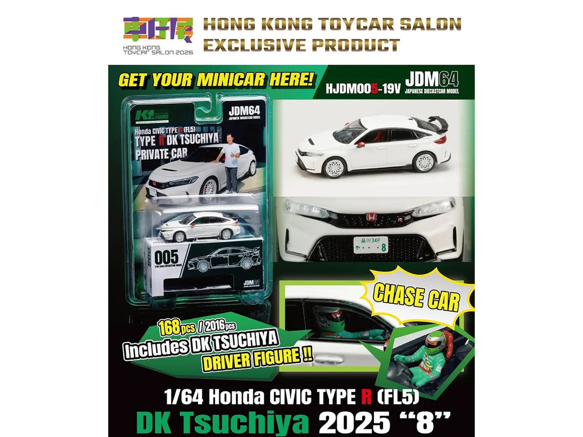 2025 Honda Civic Type R (FL5) RHD (Right Hand Drive) "DK Tsuchiya" White with Collectible Card "JDM64" Series 1/64 Diecast Model Car by Hobby Japan-1
