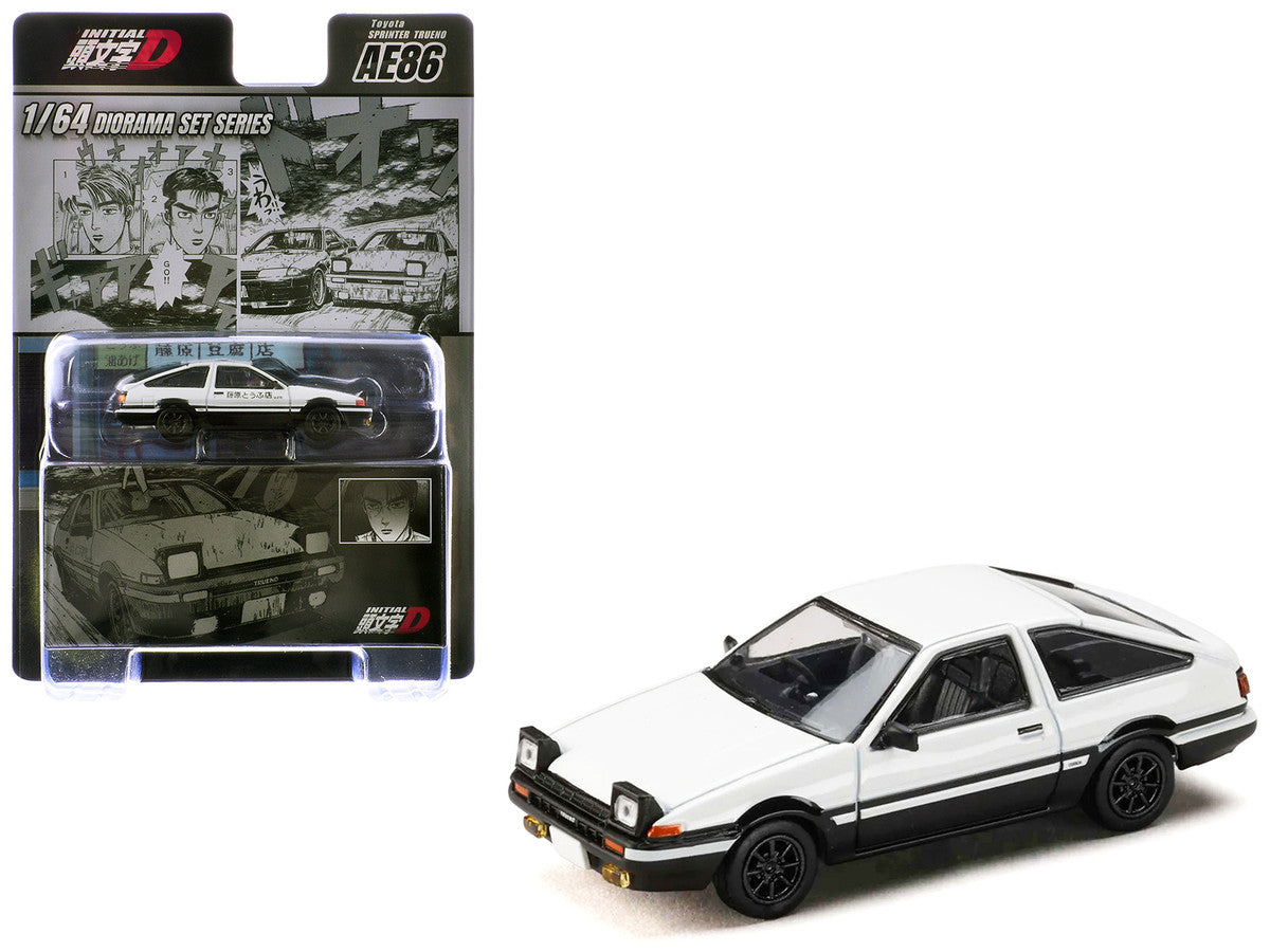 Toyota Sprinter Trueno (AE86) RHD (Right Hand Drive) White with Black Stripes "Takumi Fujiwara VS Takeshi Nakazato - Initial D" (1995-2013) Manga with Collectible Cards "Diorama Set Series" 1/64 Diecast Model Car by Hobby Japan-0