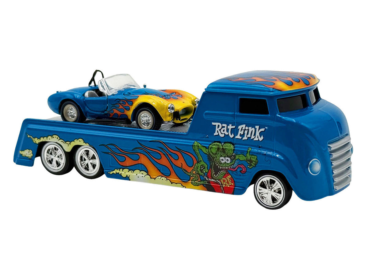 Shelby Cobra Super Snake Blue Metallic with Flames and Custom "Rat Fink" Hauler Blue Metallic with Flames and Graphics 1/64 Diecast Model Cars by ACME-2