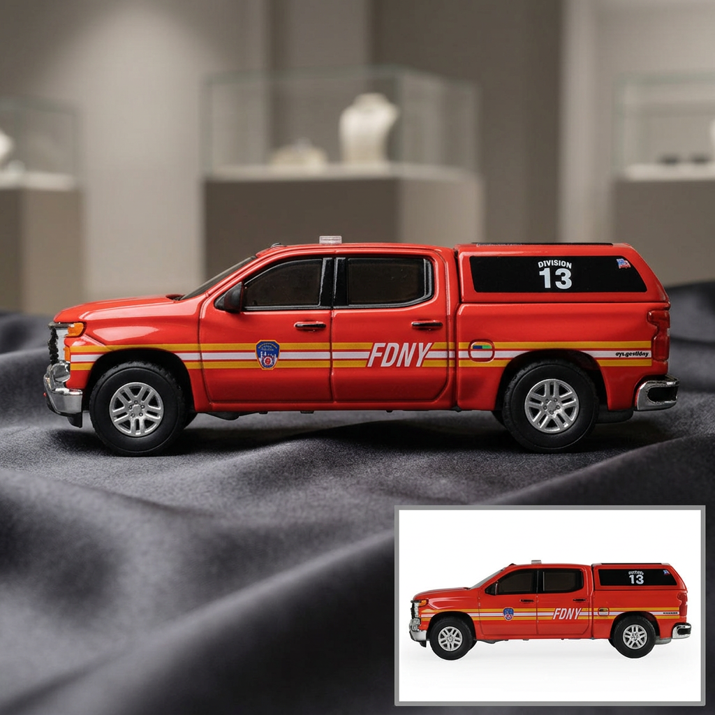 2023 Chevrolet Silverado Pickup Truck with Camper Shell "FDNY (New York City Fire Department)" Red with Stripes "Fire & Rescue" Series #5 1/64 Diecast Model Car by Greenlight-0
