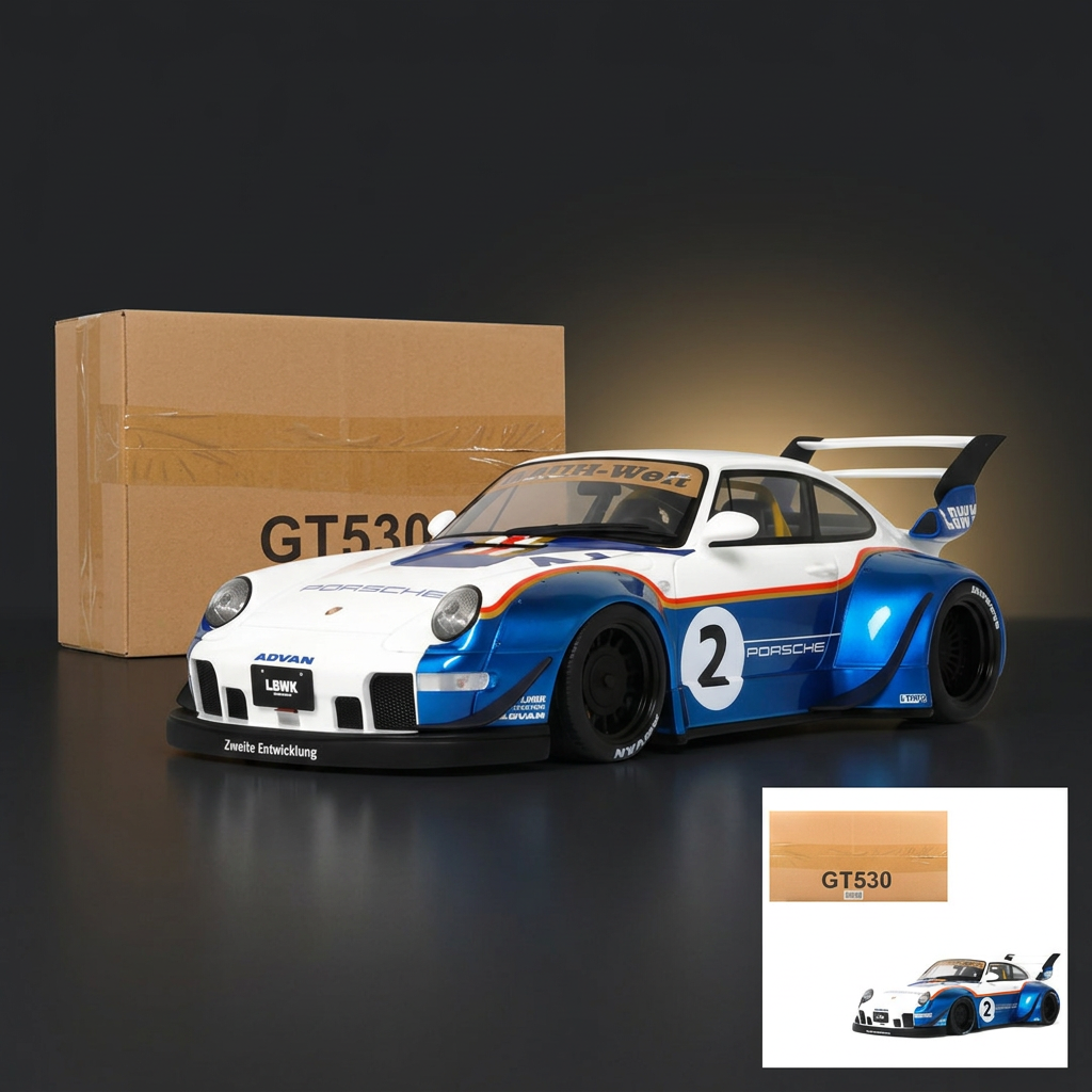 GT Spirit 1:18 2023 RWB x Liberty Walk 993 #2 White and Blue Metallic with Graphics