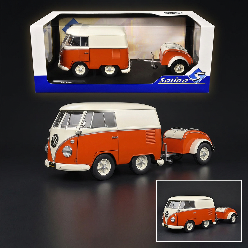 1950 Volkswagen Kool Kombi Van with Trailer Orange and White 1/18 Diecast Model Car by Solido