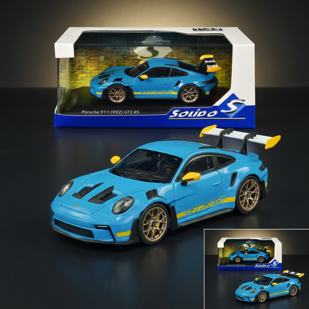 2023 Porsche 911 (992) GT3 RS "Tribute to 24 Hours of Daytona 2003" Riviera Blue with Yellow Stripes 1/43 Diecast Model Car by Solido