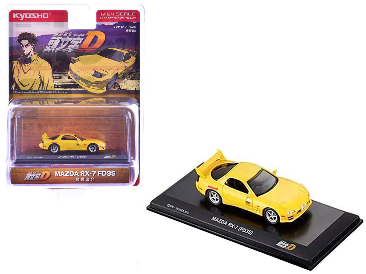 Kyosho 1/64 Mazda RX-7 FD3S RHD Yellow Initial D Diecast Model Car-2