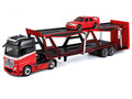 Mercedes-Benz Actros Open Car Hauler Red and Black with White Stripes and 1990 Mercedes-Benz 190E Red "Transporters" Series 1/64 Diecast Models by Maisto-0