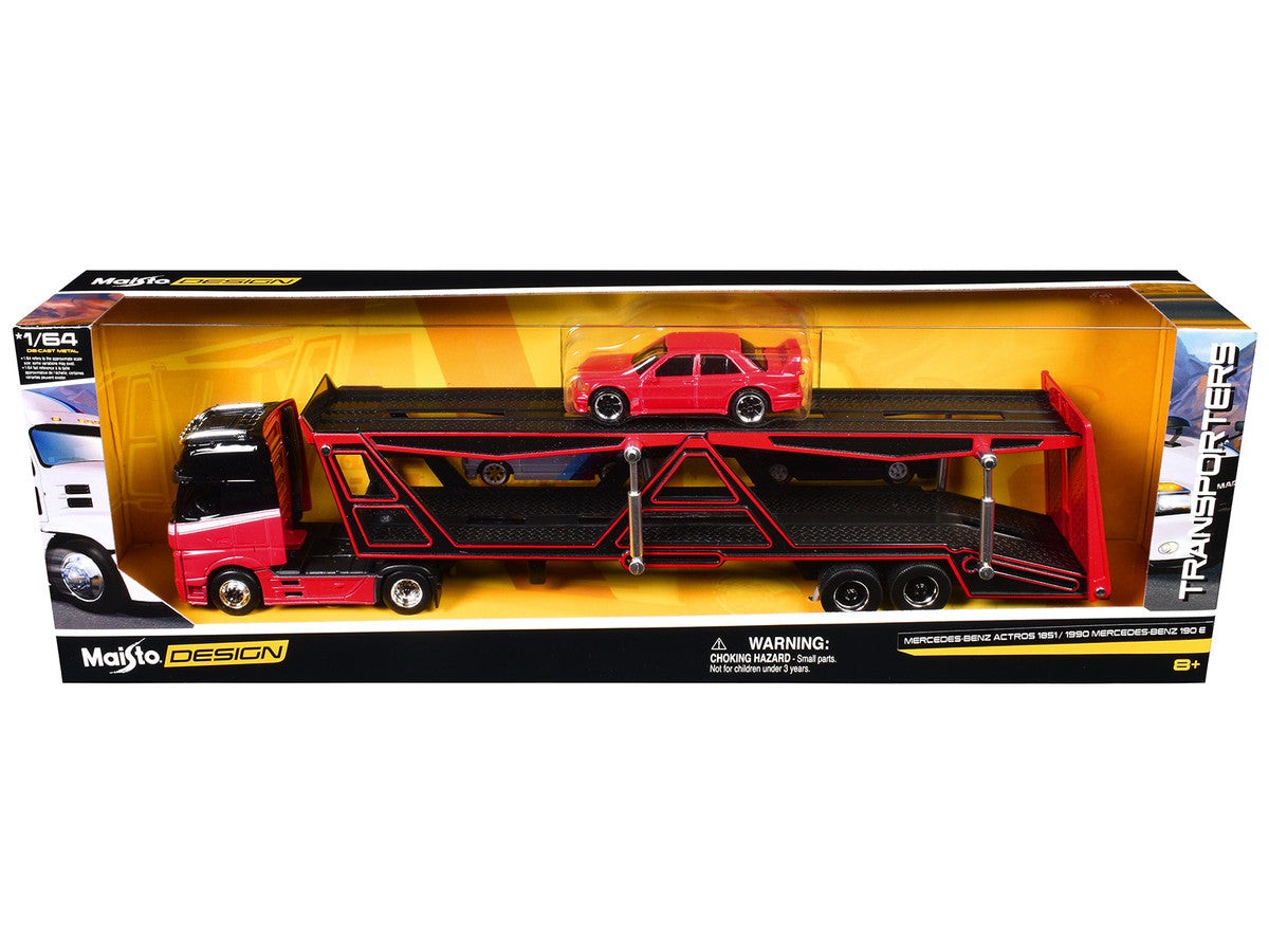 Mercedes-Benz Actros Open Car Hauler Red and Black with White Stripes and 1990 Mercedes-Benz 190E Red "Transporters" Series 1/64 Diecast Models by Maisto-1