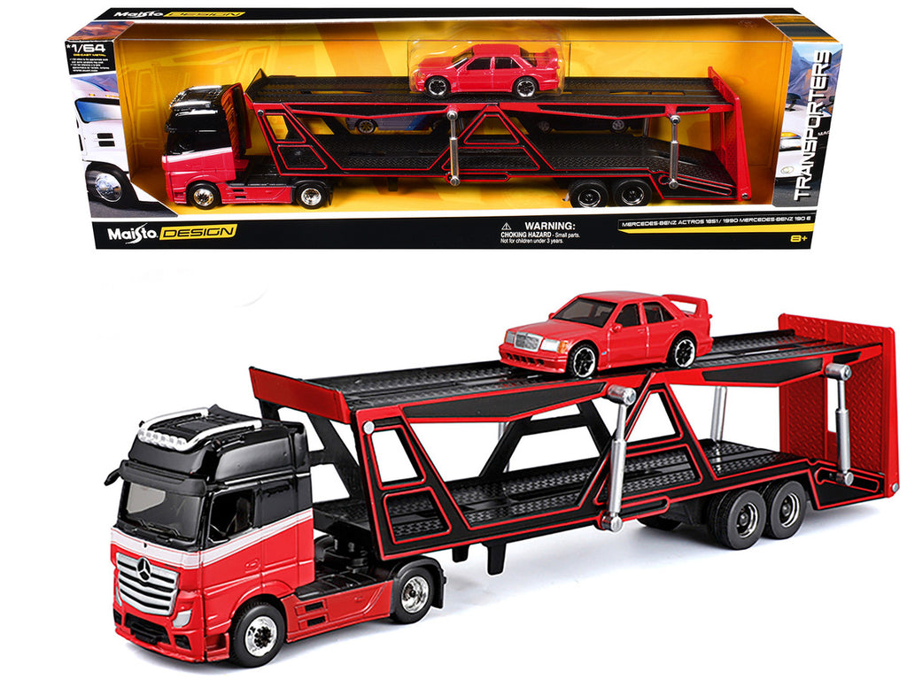 Mercedes-Benz Actros Open Car Hauler Red and Black with White Stripes and 1990 Mercedes-Benz 190E Red "Transporters" Series 1/64 Diecast Models by Maisto-2
