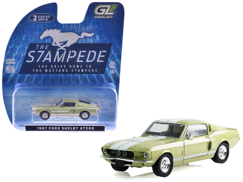 1967 Ford Shelby GT500 Lime Gold Metallic with White Stripes "Stampede" Series 2 1/64 Diecast Model Car by Greenlight-4
