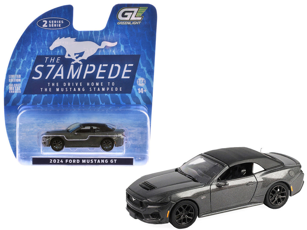 2024 Ford Mustang GT 5.0 Convertible Dark Matter Gray Metallic with Black Soft Top "Stampede" Series 2 1/64 Diecast Model Car by Greenlight-4