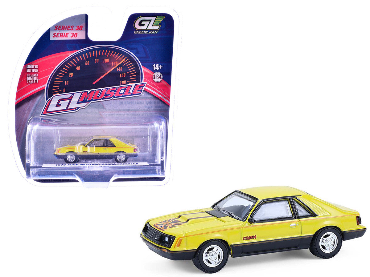1979 Ford Mustang Cobra Fastback Bright Yellow with Cobra Good Graphics "GreenLight Muscle" Series 30 1/64 Diecast Model Car by Greenlight-4