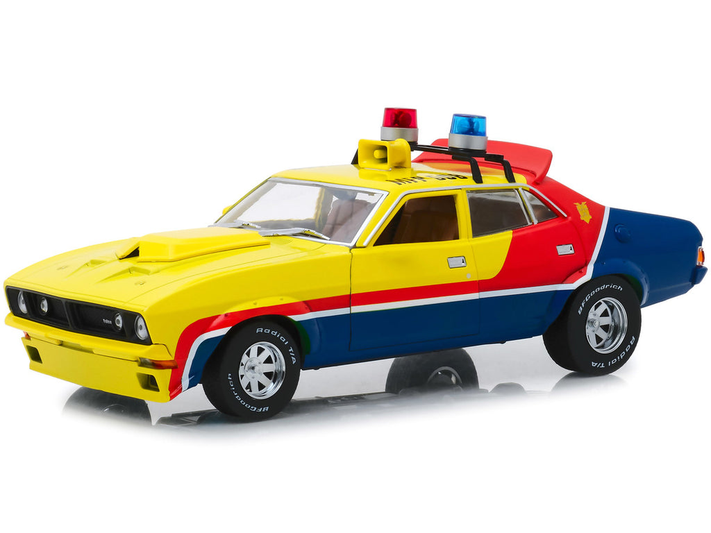1974 Ford Falcon XB 4-Door Sedan RHD (Right Hand Drive) Yellow and Blue with Red Stripes "MFP 508" "First of the V8 Interceptors" (1979) Movie 1/18 Diecast Model Car by Greenlight-2
