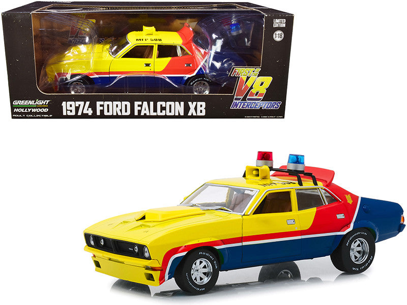 1974 Ford Falcon XB 4-Door Sedan RHD (Right Hand Drive) Yellow and Blue with Red Stripes "MFP 508" "First of the V8 Interceptors" (1979) Movie 1/18 Diecast Model Car by Greenlight-0