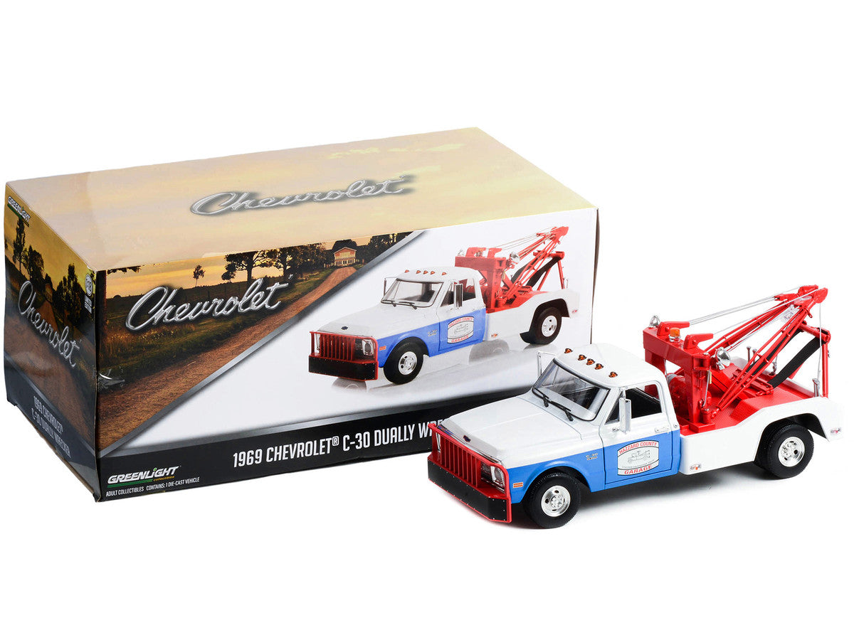 1969 Chevrolet C-30 Dually Wrecker Tow Truck White and Blue "Hazzard County Garage" 1/18 Diecast Model Car by Greenlight-1