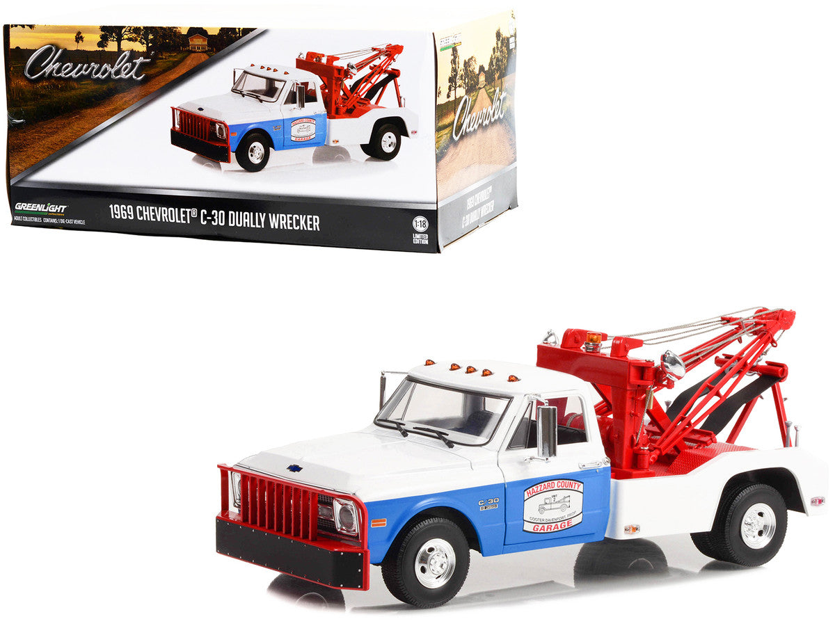 1969 Chevrolet C-30 Dually Wrecker Tow Truck White and Blue "Hazzard County Garage" 1/18 Diecast Model Car by Greenlight-0