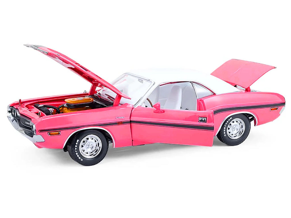 1970 Dodge Challenger R/T 440 Six Pack Panther Pink with Black Stripes White Top and White Interior 1/18 Diecast Model Car by Greenlight-0