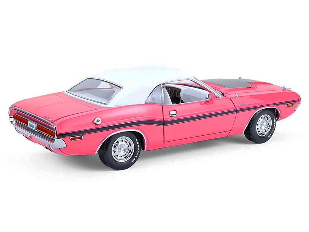 1970 Dodge Challenger R/T 440 Six Pack Panther Pink with Black Stripes White Top and White Interior 1/18 Diecast Model Car by Greenlight-2