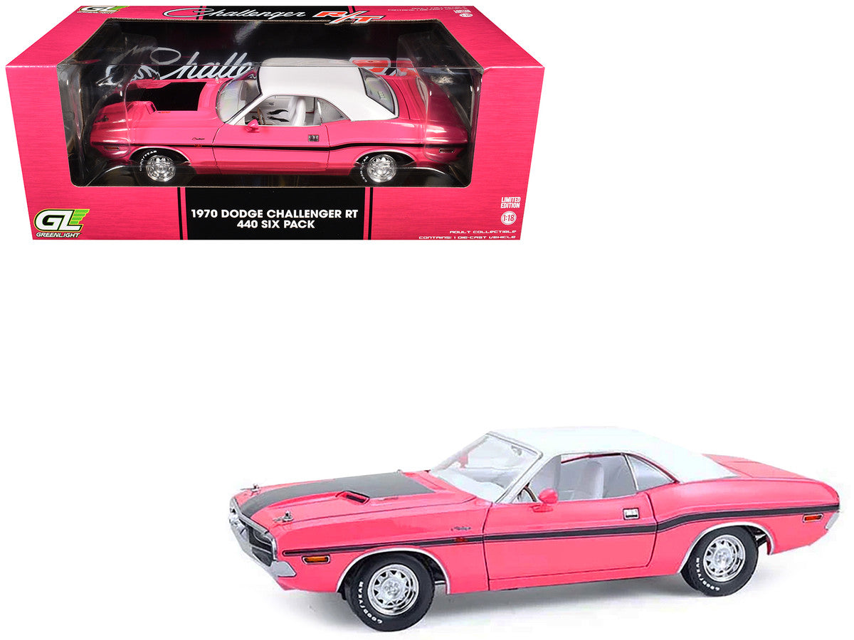 1970 Dodge Challenger R/T 440 Six Pack Panther Pink with Black Stripes White Top and White Interior 1/18 Diecast Model Car by Greenlight-4