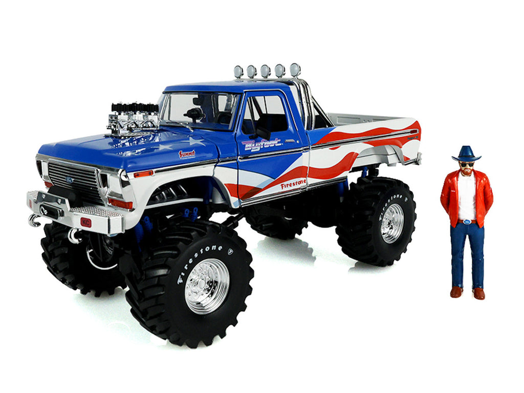 1979 Ford F-250 Monster Truck "Bigfoot USA 250 Tribute" Blue with USA Flag Graphics and Bob Chandler Standing Figure "Kings of Crunch" Series 1/18 Diecast Model Car by Greenlight-1