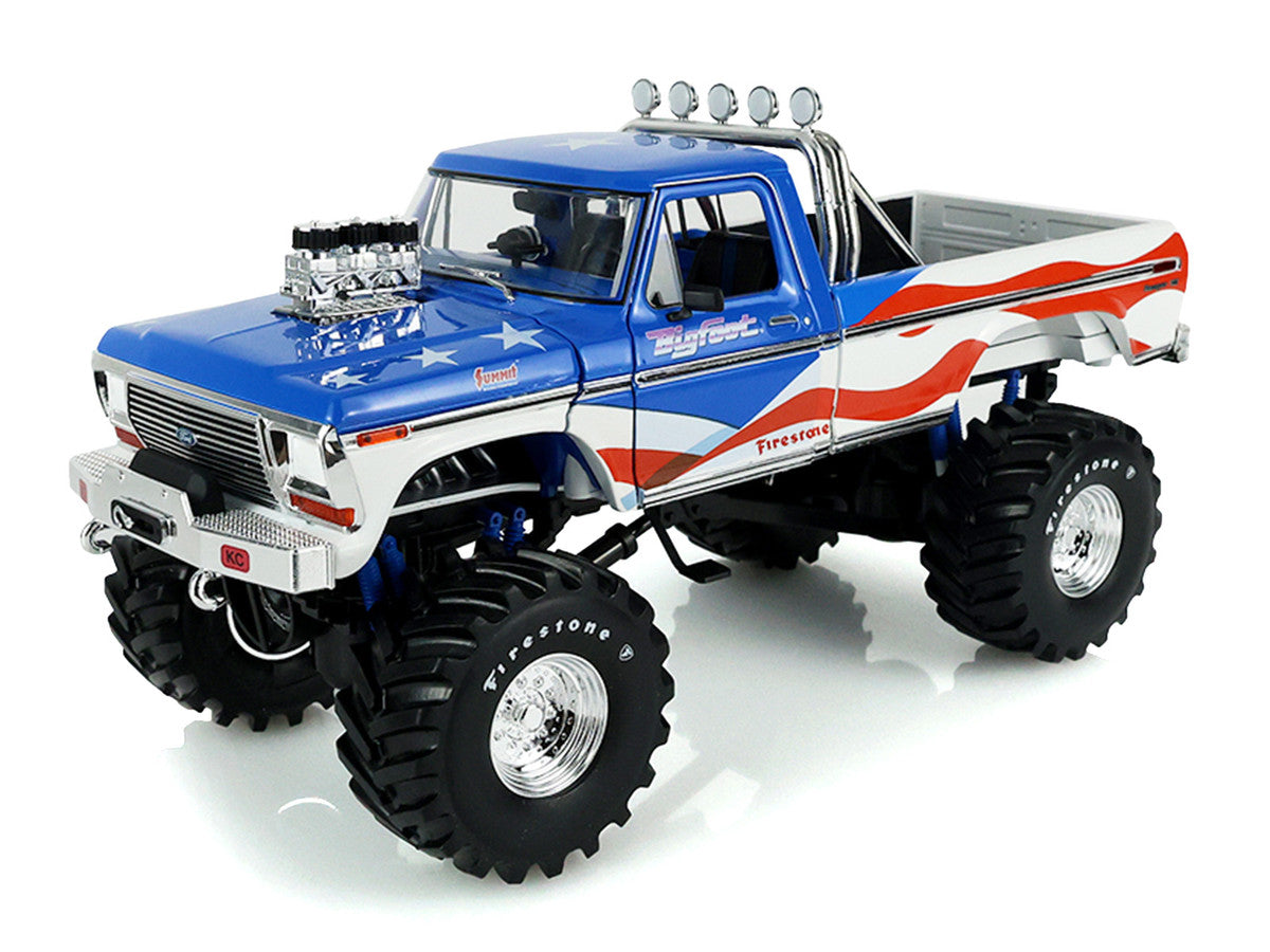 1979 Ford F-250 Monster Truck "Bigfoot USA 250 Tribute" Blue with USA Flag Graphics and Bob Chandler Standing Figure "Kings of Crunch" Series 1/18 Diecast Model Car by Greenlight-2