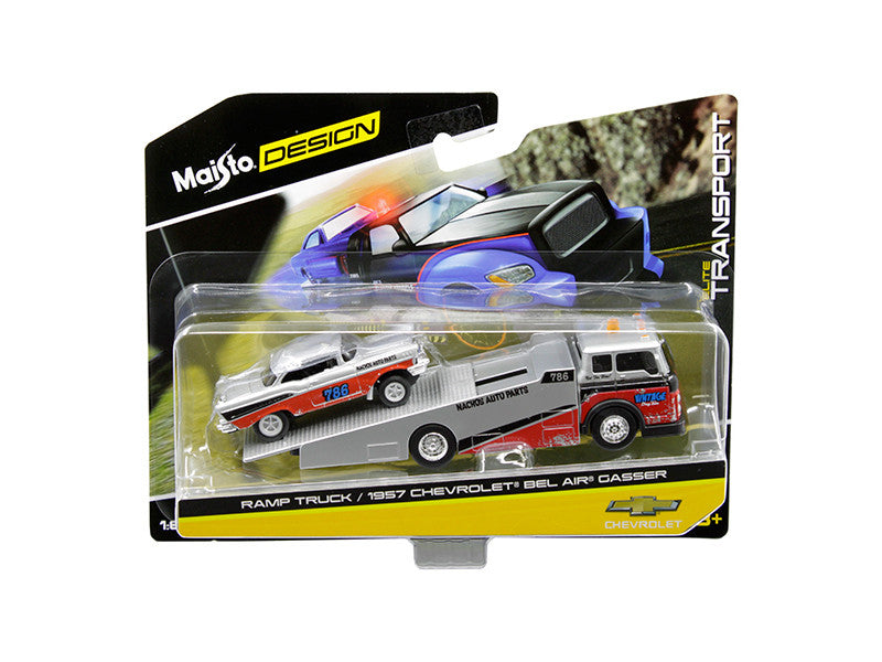 1957 Chevrolet Bel Air Gasser #786 Silver and Red with Ramp Tow Truck "Elite Transport" 1/64 Diecast Models by Maisto-0