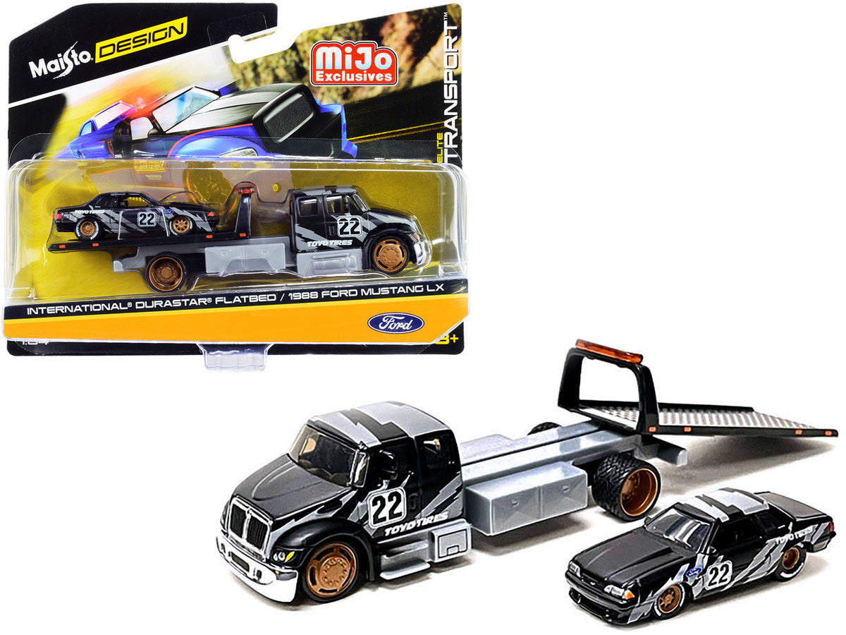 International DuraStar Flatbed Truck #22 and 1988 Ford Mustang LX #22 Matt Black with Gray Graphics "Toyo Tires" "Elite Transport" Series 1/64 Diecast Models by Maisto-0