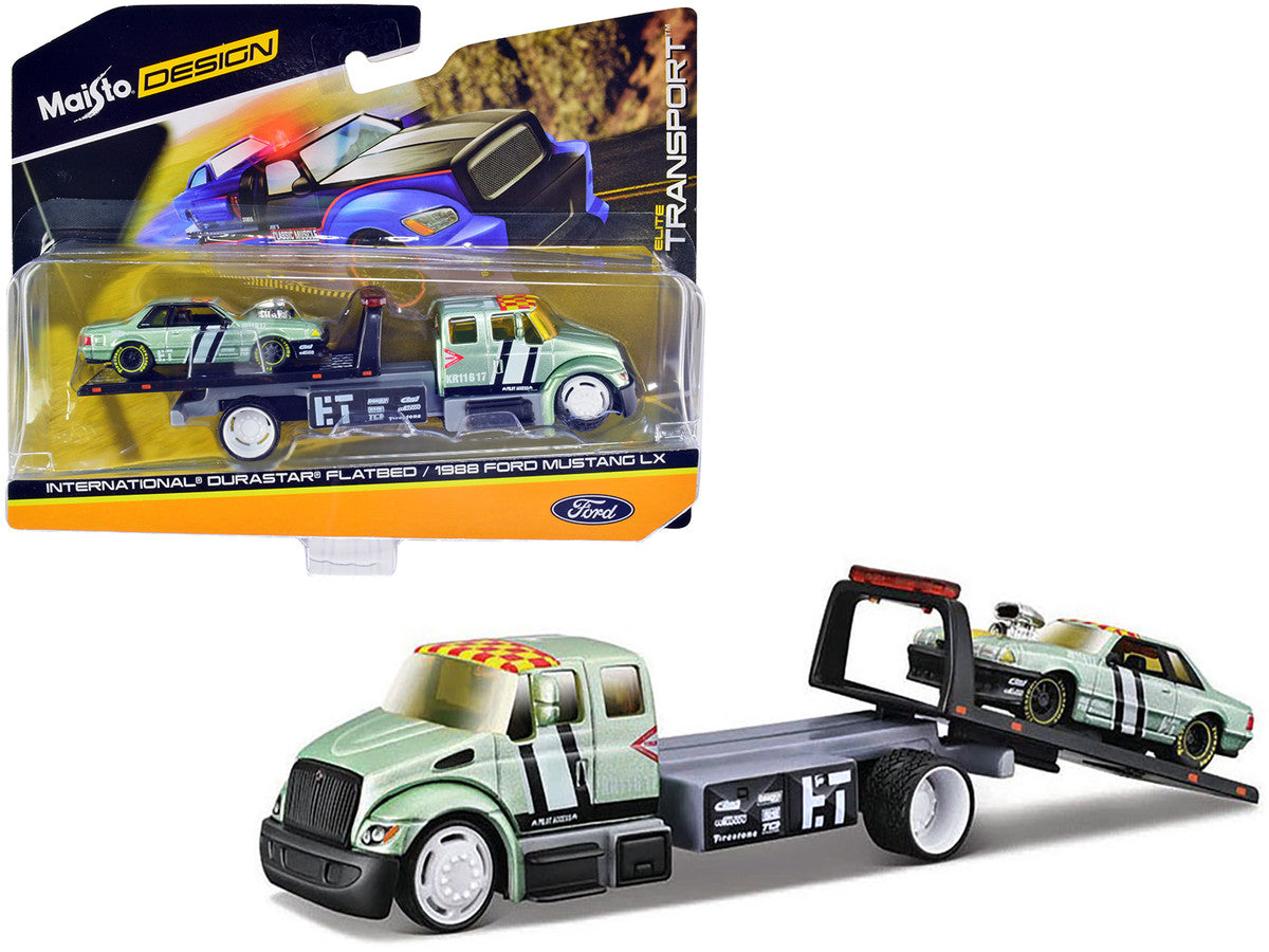 International DuraStar Flatbed Truck #17 and 1988 Ford Mustang LX #17 Light Green Metallic with Stripes and Graphics "Elite Transport" Series 1/64 Diecast Models by Maisto-0