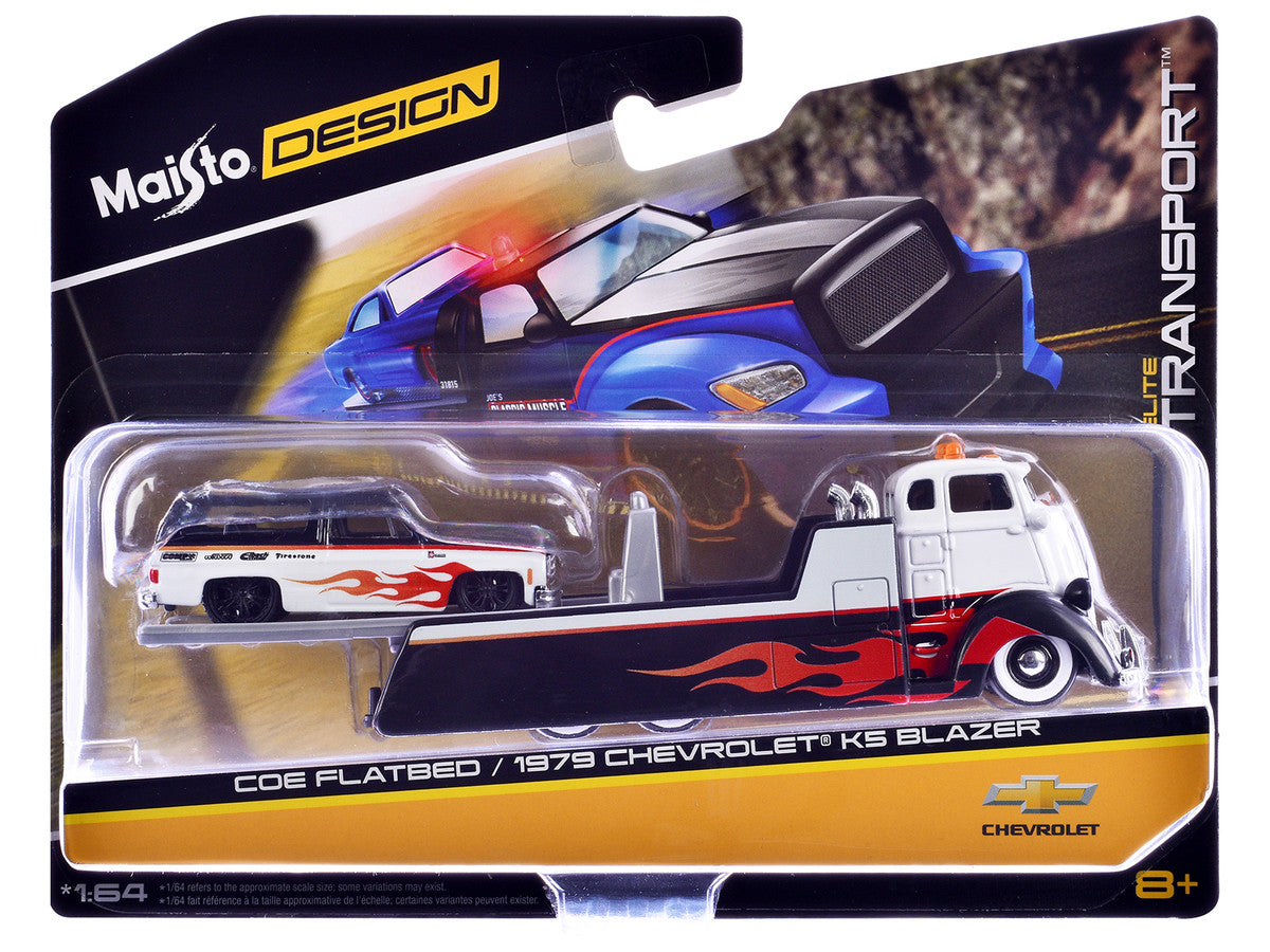COE Flatbed Truck White and Black with Flame Graphics and 1979 Chevrolet K5 Blazer Black and White with Flame Graphics "Elite Transport" Series 1/64 Diecast Models by Maisto-1