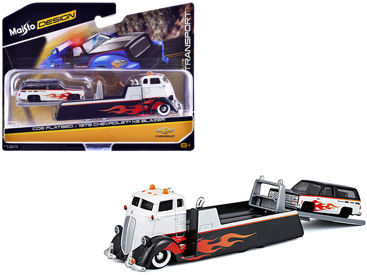 COE Flatbed Truck White and Black with Flame Graphics and 1979 Chevrolet K5 Blazer Black and White with Flame Graphics "Elite Transport" Series 1/64 Diecast Models by Maisto-2