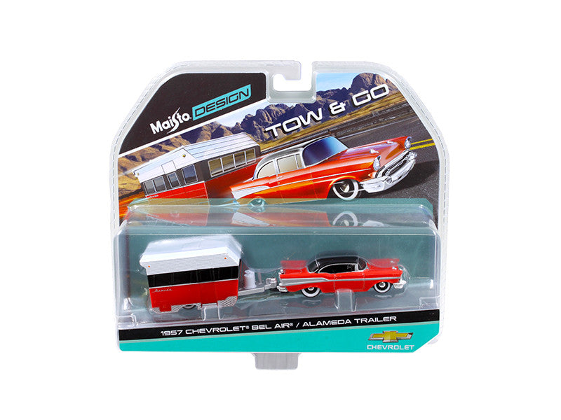1957 Chevrolet Bel Air with Alameda Trailer Red Tow & Go 1/64 Diecast Model by Maisto-0