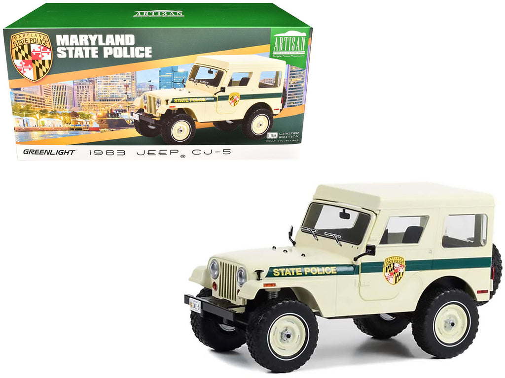 1983 Jeep CJ-5 Hardtop "Maryland State Police" Beige with Green Stripes "Artisan Collection" Series 1/18 Diecast Model Car by Greenlight-0