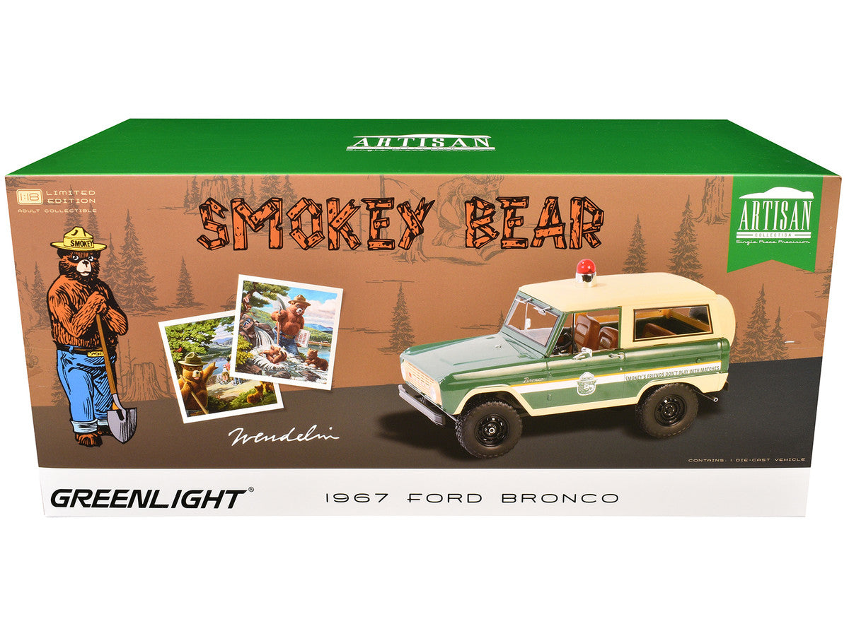 1967 Ford Bronco "Smokey Bear Forest Ranger" Green and Cream with White Stripes "Artisan Collection" 1/18 Diecast Model Car by Greenlight-2