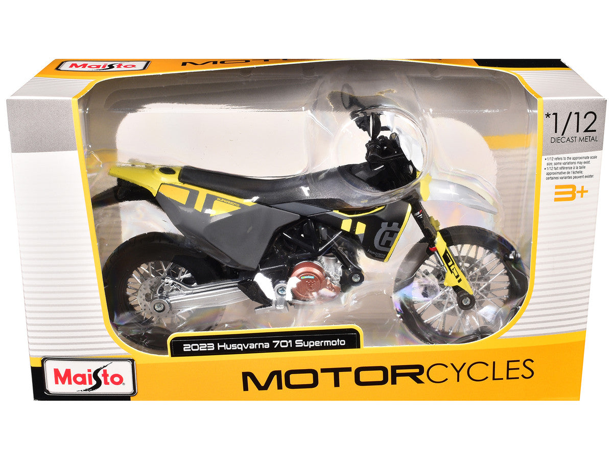 2023 Husqvarna 701 Supermoto Motorcycle Matt Black and Gray with Yellow and White Accents 1/12 Diecast Motorcycle Model by Maisto-0