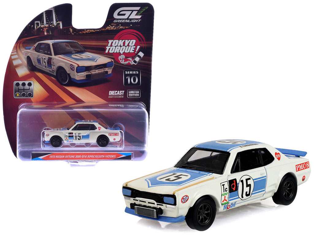 1972 Nissan Skyline 2000 GT-R (KPGC10) RHD (Right Hand Drive) #15 Kunimitsu Takahashi "50th Victory" White with Blue Stripe "Tokyo Torque" Series 10 1/64 Diecast Model Car by Greenlight-0