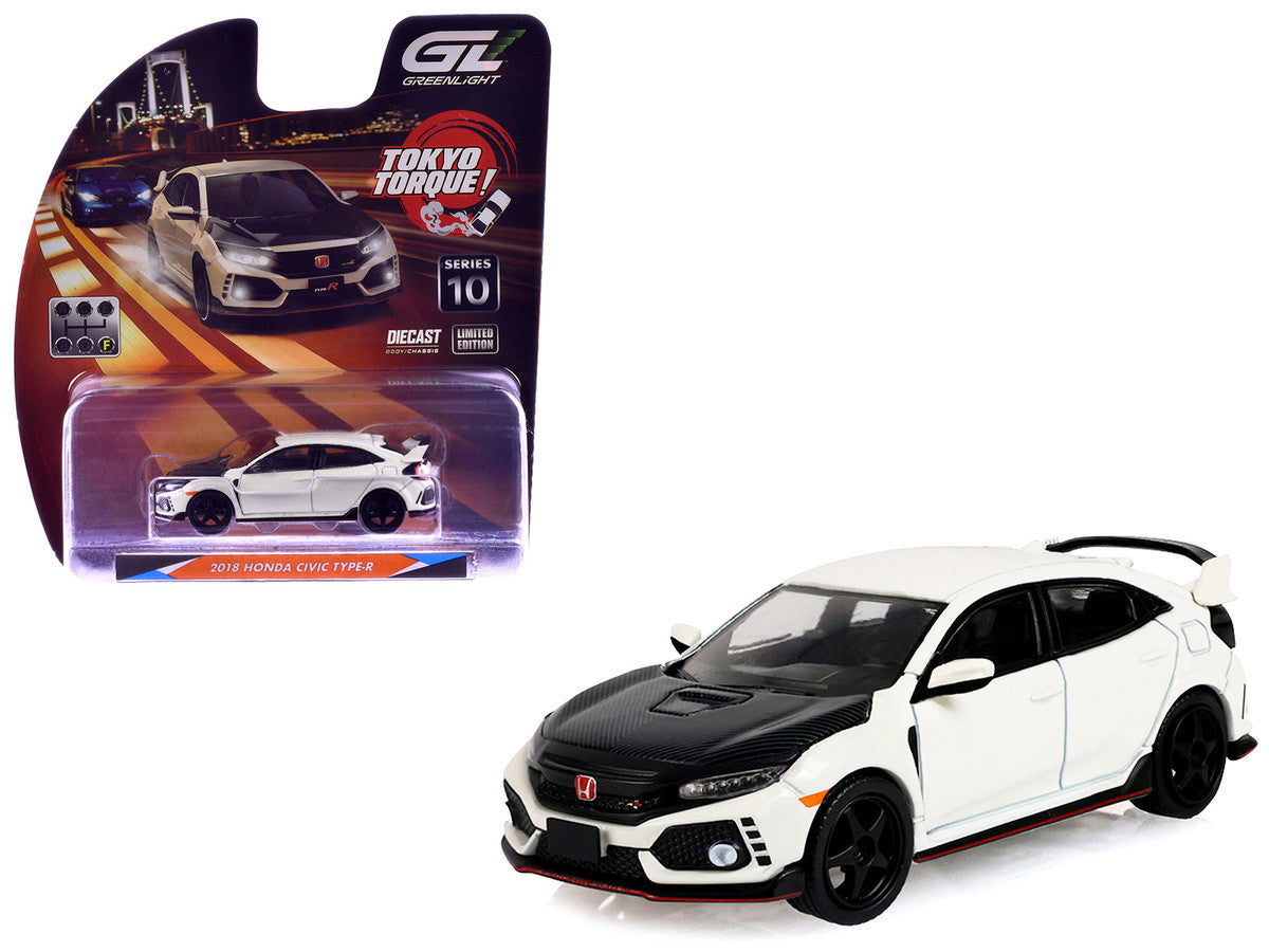 2018 Honda Civic Type-R (FK8) RHD (Right Hand Drive) Championship White with Carbon Hood "Tokyo Torque" Series 10 1/64 Diecast Model Car by Greenlight-0