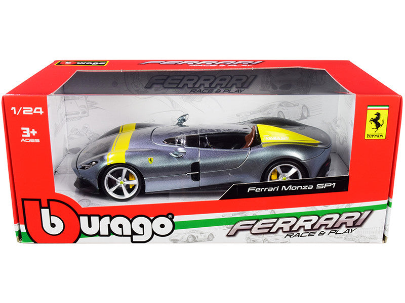 Bburago 1/24 Ferrari Monza SP1 Diecast Model Silver Metallic Yellow Stripes-0