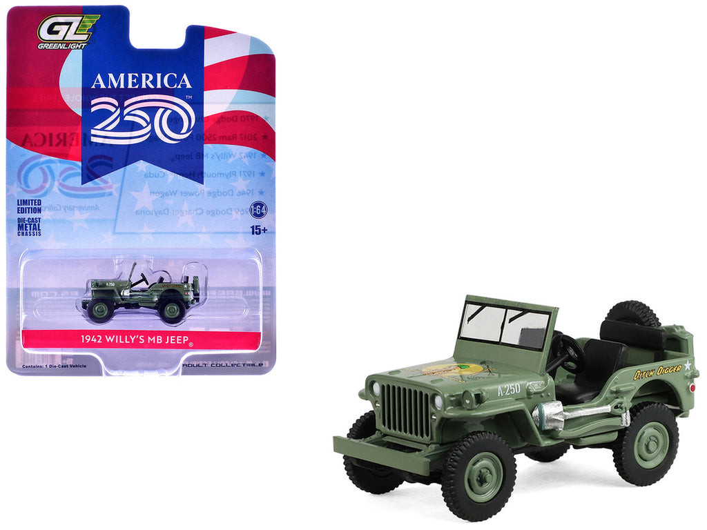 1942 Willy’s MB Jeep Olive Green "America 250 Edition" "Anniversary Collection" Series 18 1/64 Diecast Model Car by Greenlight-0