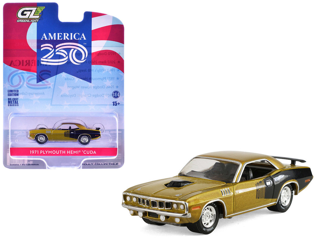 1971 Plymouth Hemi ‘Cuda Gold Metallic with Black Accents "America 250 Edition" "Anniversary Collection" Series 18 1/64 Diecast Model Car by Greenlight-0