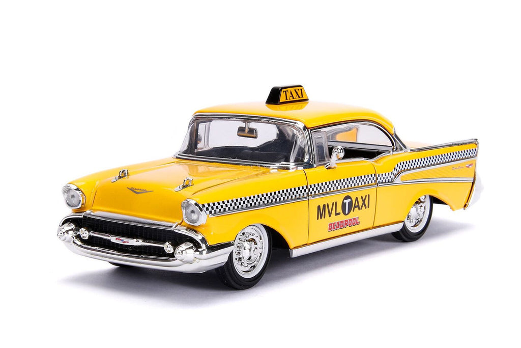 1957 Chevrolet Bel Air Taxi Yellow with Deadpool Diecast Figurine "Marvel" Series 1/24 Diecast Model Car by Jada-2