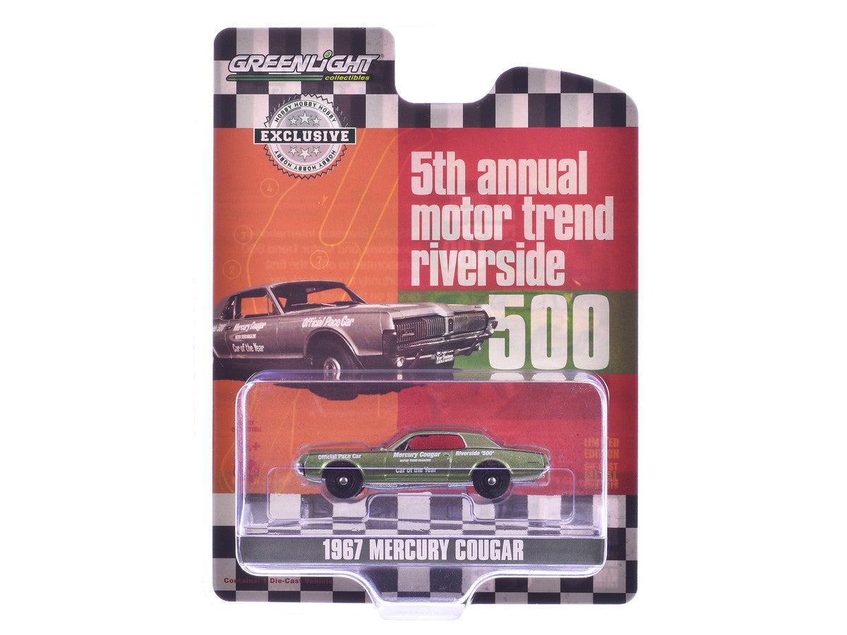 1967 Mercury Cougar "Riverside 500 Official Pace Car - Motor Trend Magazine Car of the Year" Green Metallic "Hobby Exclusive" Series 1/64 Diecast Model Car by Greenlight-0