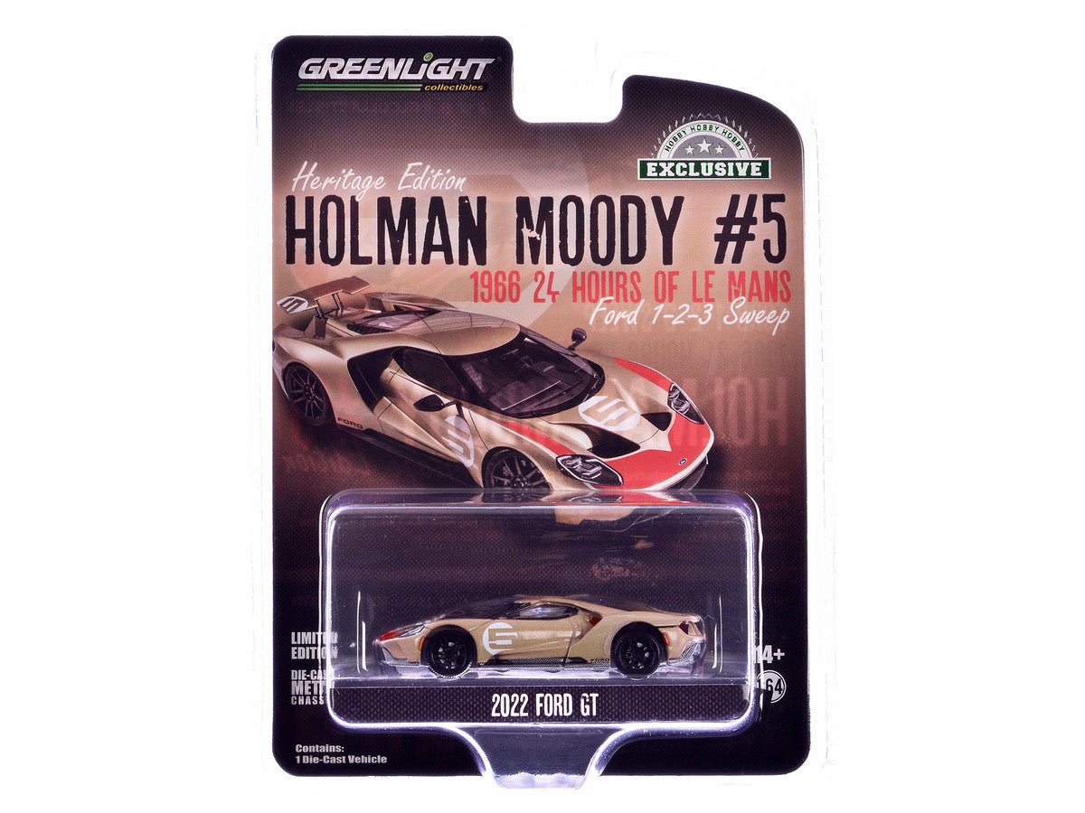 2022 Ford GT Heritage Edition #5 Holman-Moody "1966 24 Hours of Le Mans Ford 1-2-3 Sweep Tribute" Gold Metallic with Red Accents "Hobby Exclusive" Series 1/64 Diecast Model Car by Greenlight-2