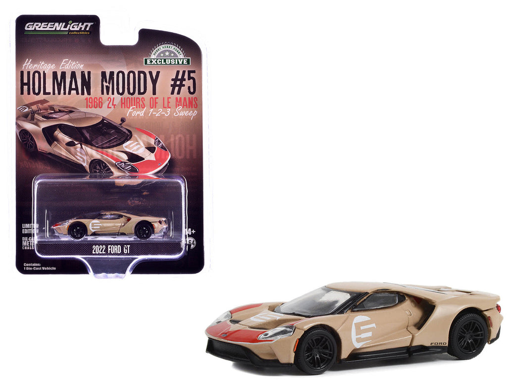 2022 Ford GT Heritage Edition #5 Holman-Moody "1966 24 Hours of Le Mans Ford 1-2-3 Sweep Tribute" Gold Metallic with Red Accents "Hobby Exclusive" Series 1/64 Diecast Model Car by Greenlight-0