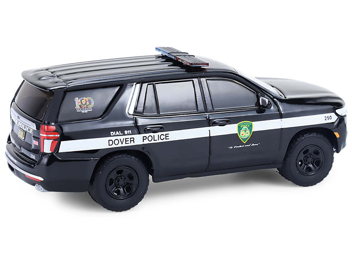 2024 Chevrolet Tahoe Police Pursuit Vehicle "Dover Police – 100th Anniversary Edition" Black with White Stripes "Hobby Exclusive" Series 1/64 Diecast Model Car by Greenlight-1