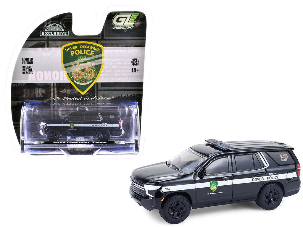 2024 Chevrolet Tahoe Police Pursuit Vehicle "Dover Police – 100th Anniversary Edition" Black with White Stripes "Hobby Exclusive" Series 1/64 Diecast Model Car by Greenlight-4