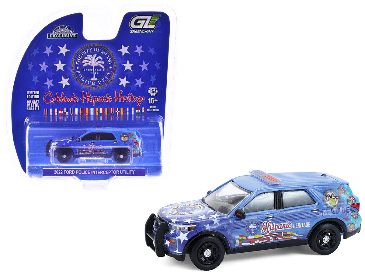 2022 Ford Police Interceptor Utility "Miami Police Department Hispanic Heritage Month" Blue with Graphics "Hobby Exclusive" Series 1/64 Diecast Model Car by Greenlight-4