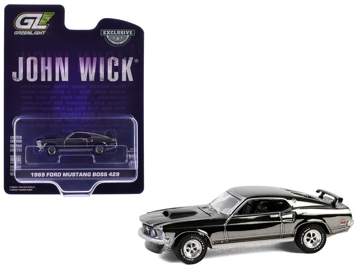 1969 Ford Mustang Boss 429 Silver Chrome Edition with Black Stripes "John Wick" (2014) Movie "Hobby Exclusive" Series 1/64 Diecast Model Car by Greenlight-0