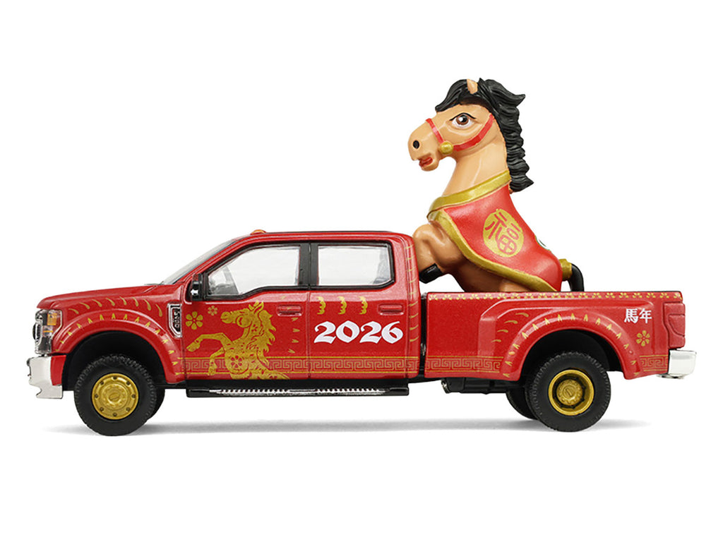 2022 Ford F-450 Dually Pickup Truck "Chinese Zodiac 2026 Year of the Horse" Red with Gold Graphics and Horse Figure "Hobby Exclusive" Series 1/64 Diecast Model Car by Greenlight-2