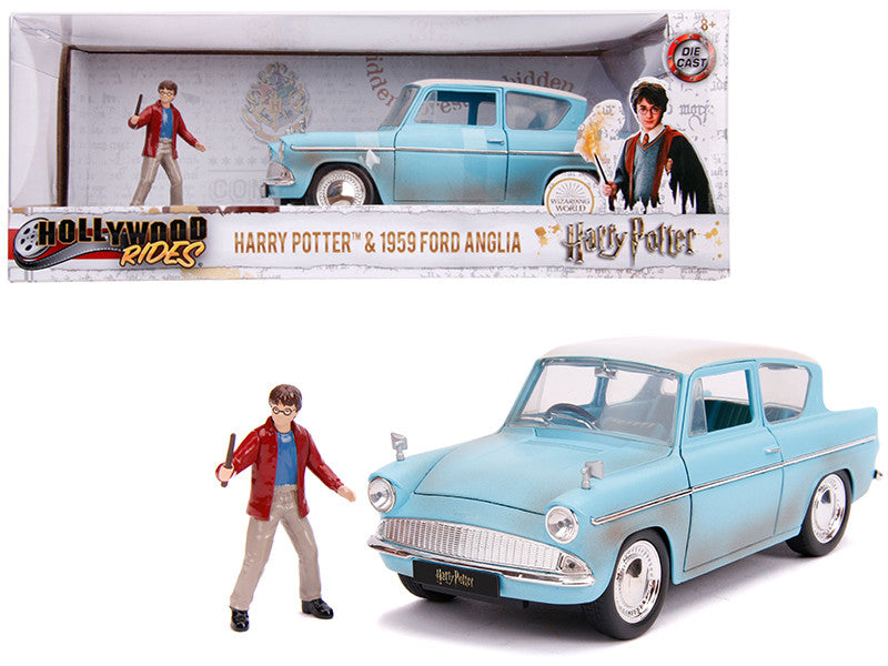 1959 Ford Anglia Light Blue (Weathered) with Harry Potter Diecast Figurine 1/24 Diecast Model Car by Jada-0